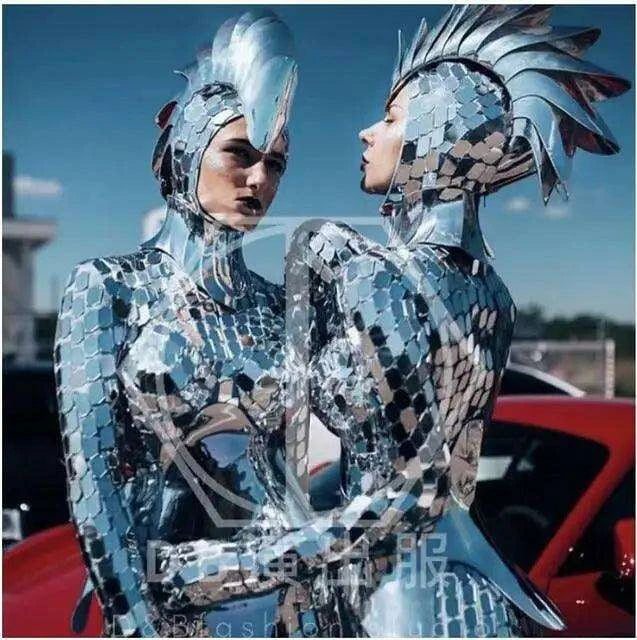 Customizable Silver Serpent Mirror Performance Costume for Nightclubs and Theatrical Shows