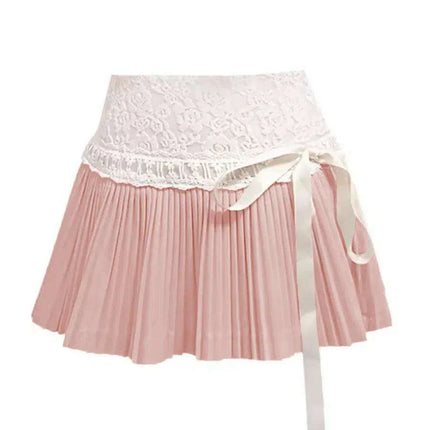 Cute Y2K Pink Bow Pleated Mini Skirt - Women's Elastic Lace Cake Design 2204 - Très Elite