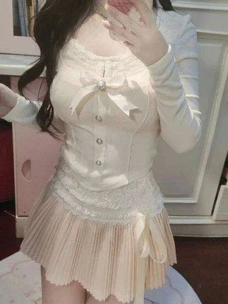 Cute Y2K Pink Bow Pleated Mini Skirt - Women's Elastic Lace Cake Design 2204 - Très Elite