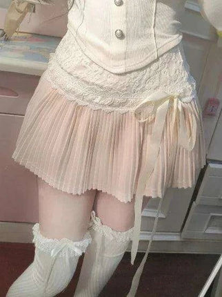 Cute Y2K Pink Bow Pleated Mini Skirt - Women's Elastic Lace Cake Design 2204 - Très Elite