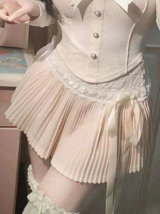 Cute Y2K Pink Bow Pleated Mini Skirt - Women's Elastic Lace Cake Design 2204 - Très Elite