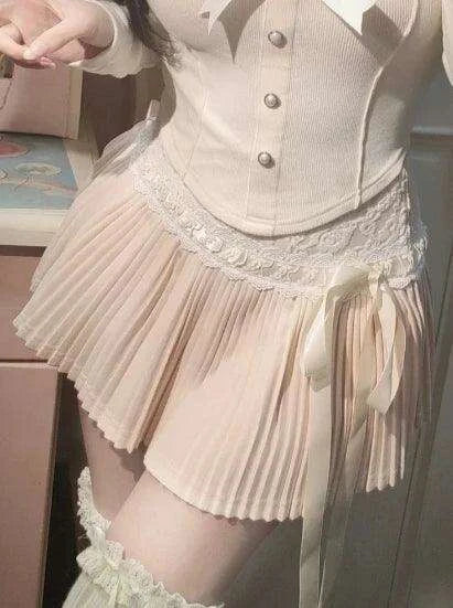 Cute Y2K Pink Bow Pleated Mini Skirt - Women's Elastic Lace Cake Design 2204