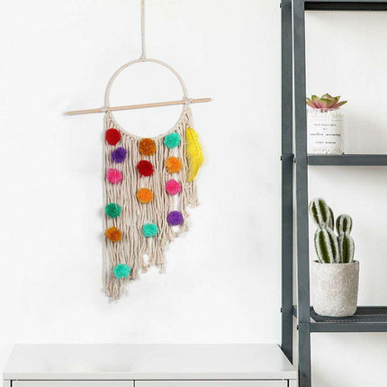 European Plush Ball Tassel Tapestry - Colorful Cotton Wall Hanging
