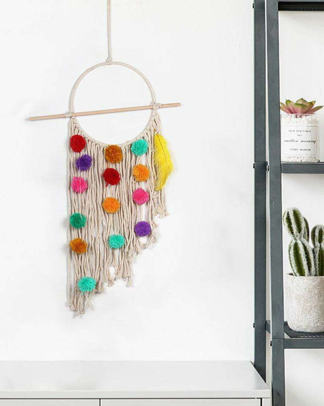 European Plush Ball Tassel Tapestry - Colorful Cotton Wall Hanging