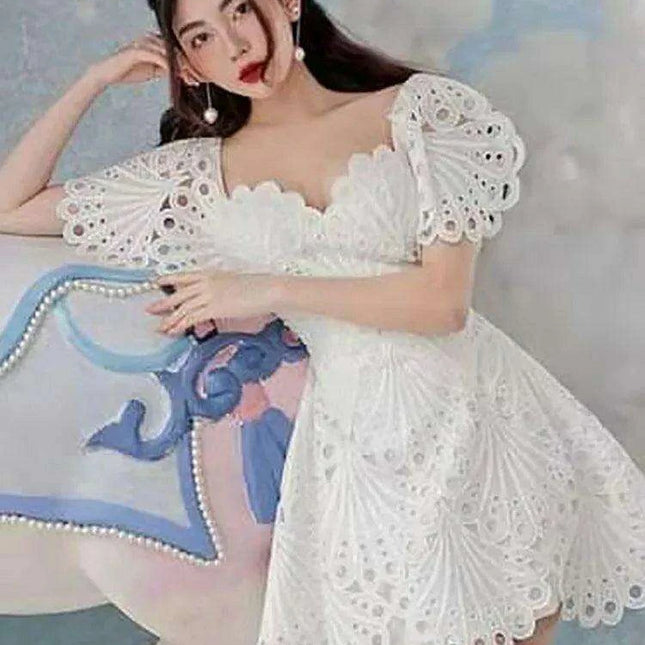 DEAT Elegant Hollow Embroidered High-Waisted Solid Color Summer Dress for Women - 2024 Party Edition 13DB4842