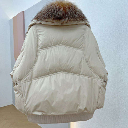 Elegant White Down Puffer Coat with Luxurious Silver Fox Fur Collar - Women's Winter Fashion Statement