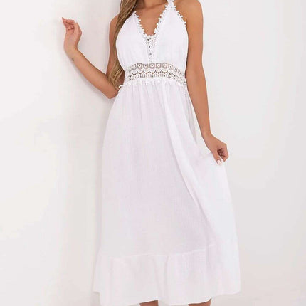 Daydress 213315 White Cotton Midi Dress Boho Style Flared - Très Elite