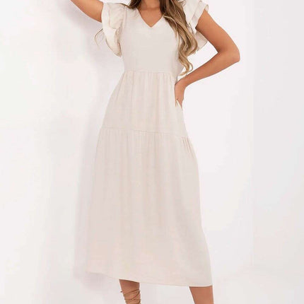 Daydress Midi Beige 213812 Flared Lightweight Office Dress - Très Elite