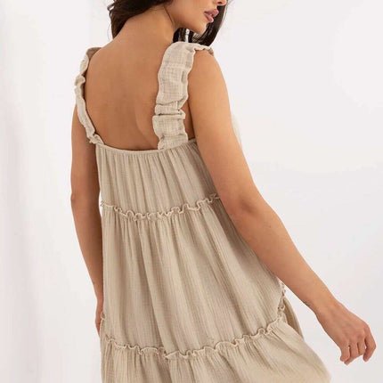 Daydress Model 213606 Muslin Cotton Beige Knee Length Dress - Très Elite