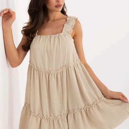 Daydress Model 213606 Muslin Cotton Beige Knee Length Dress - Très Elite