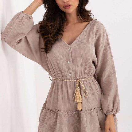 Daydress Model 215193 Boho Summer Mini Dress Beige Cotton - Très Elite