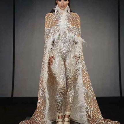 Dazzling Feathered Performance Outfit: Custom 3D Printed Jumpsuit with Stretch Bodysuit - Très Elite
