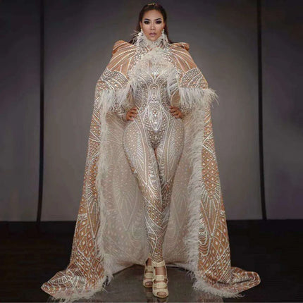 Dazzling Feathered Performance Outfit: Custom 3D Printed Jumpsuit with Stretch Bodysuit - Très Elite