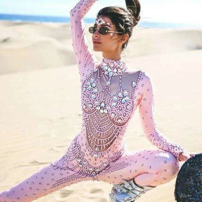 Dazzling Pink Crystal-Infused Bodysuit for Female Artists - Ideal for Performances & Celebratory Occasions