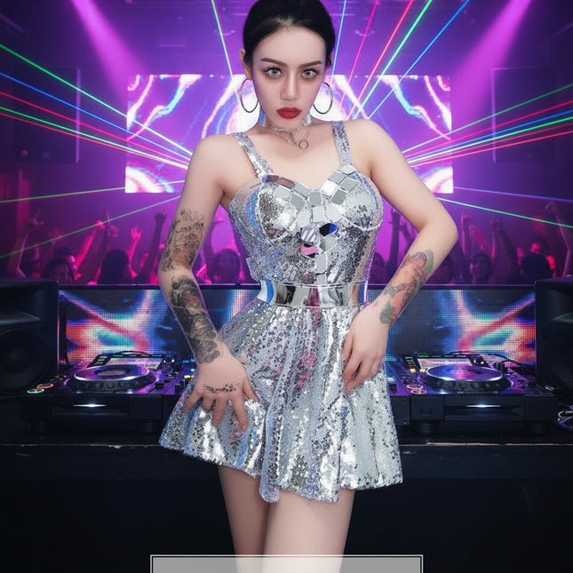 Dazzling Silver Sequin Off-Shoulder Dance Gown