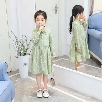 Delightful Polka Dot Chiffon Long Sleeve Dress for Little Girls - Ideal for Spring/Summer Festivities - Très Elite