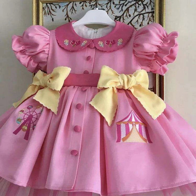 Delightful Vintage Pink Dress for Baby Girls with Enchanting Ferris Wheel Embroidery - Perfect for Celebrations and Photoshoots (0-12Y)