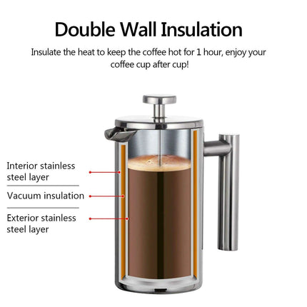 Deluxe Insulated Stainless Steel French Press - Three Sizes: 350ml, 800ml, and 1000ml - Très Elite