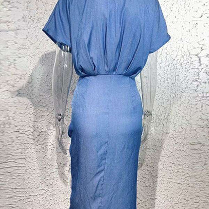 Denim Elegance: Pleated Waist Lapel Dress for Effortless Style - Très Elite