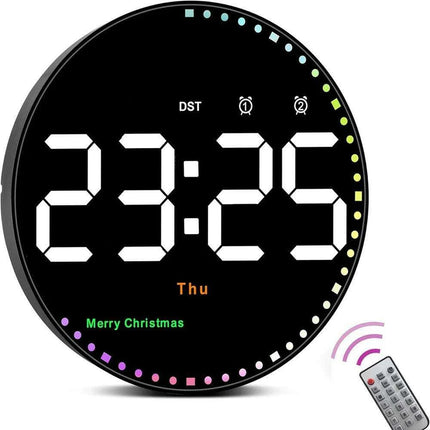 Digital LED Wall Clock with Remote Control, Dual Alarms, Calendar, and Temperature Display for Stylish Home Decor - Adjustable Brightness - Très Elite