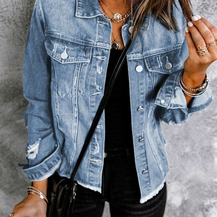 Distressed Cropped Denim Jacket with Edgy Raw Hem