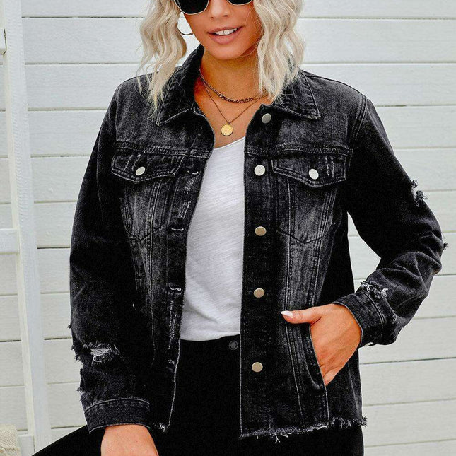 Distressed Cropped Denim Jacket with Edgy Raw Hem