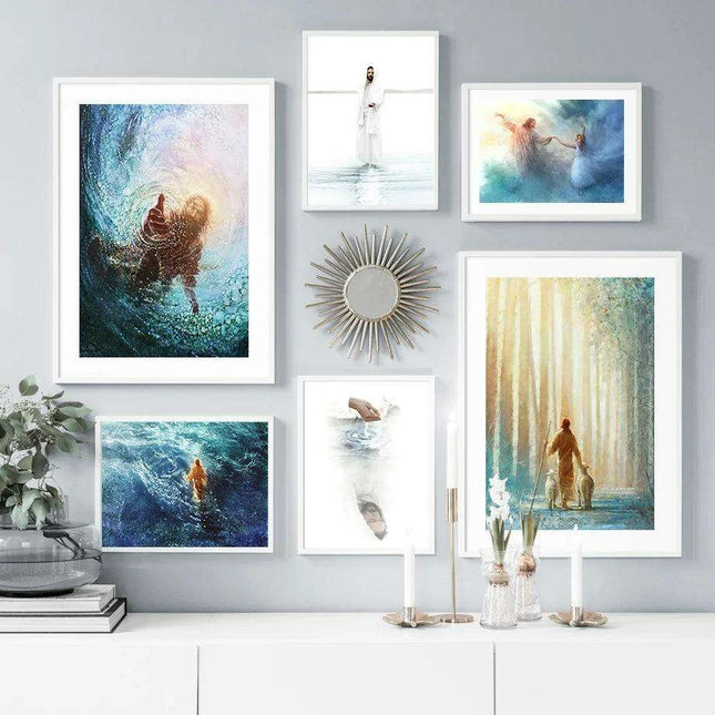 Divine Coastal Serenity: Christ Jesus Nordic Canvas Art for Spiritual Spaces