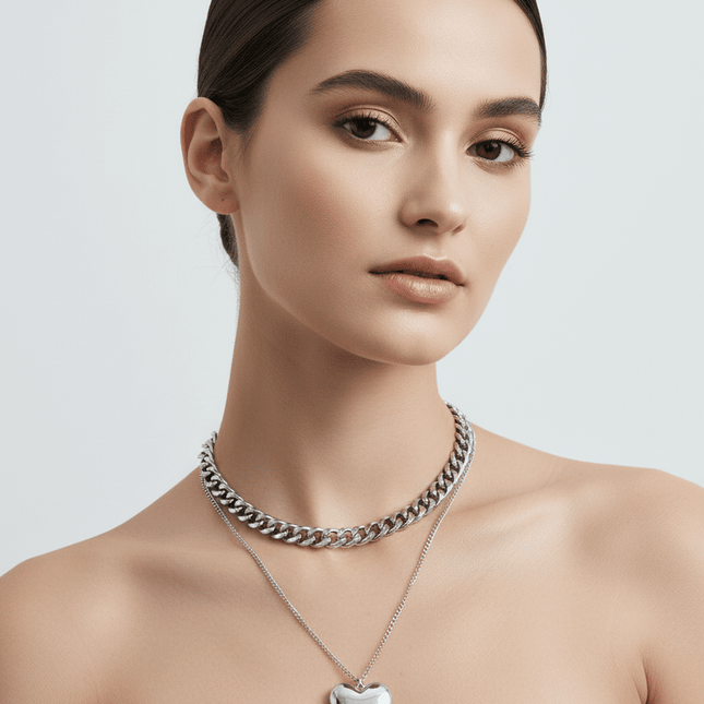 Double-Layer Heart Mother-of-Pearl Pendant Necklace – Thick Aluminum Chain