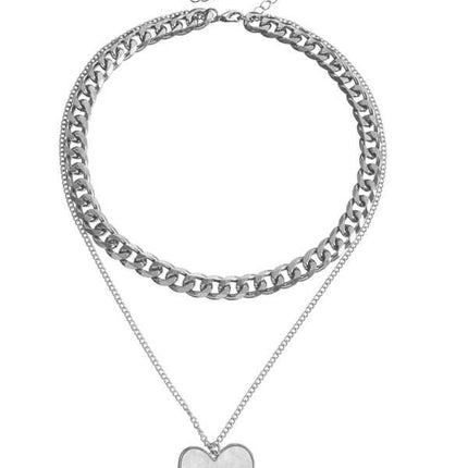 Double-Layer Heart Mother-of-Pearl Pendant Necklace – Thick Aluminum Chain - Très Elite