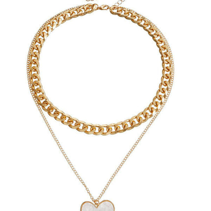 Double-Layer Heart Mother-of-Pearl Pendant Necklace – Thick Aluminum Chain - Très Elite