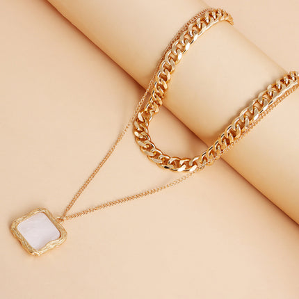Double Square White Mother-of-Pearl Pendant Necklace - Très Elite