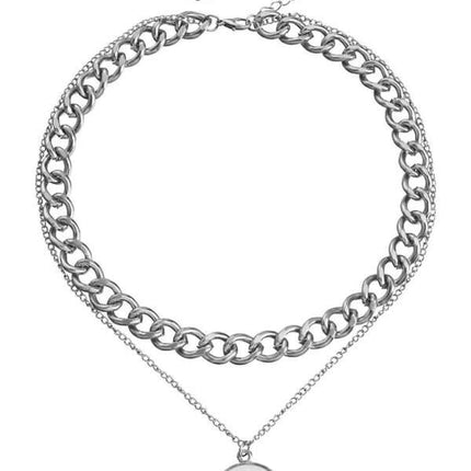 Double-layer geometric round white mother-of-pearl pendant necklace necklace metal thick aluminum chain necklace - Très Elite