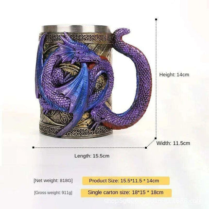 Dragon Resin Stainless Steel Beer Mug - Hand Painted Gothic Viking Skull Wine Goblet - Très Elite