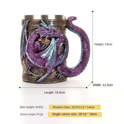 Dragon Resin Stainless Steel Beer Mug - Hand Painted Gothic Viking Skull Wine Goblet - Très Elite