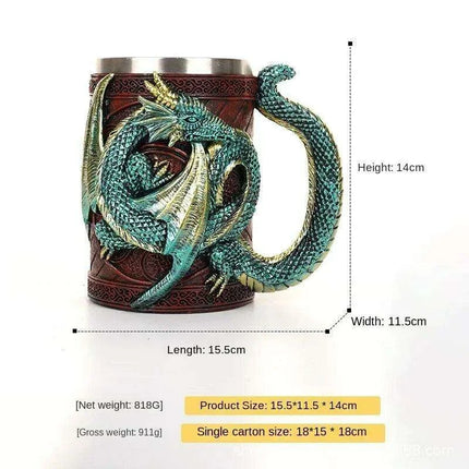Dragon Resin Stainless Steel Beer Mug - Hand Painted Gothic Viking Skull Wine Goblet - Très Elite