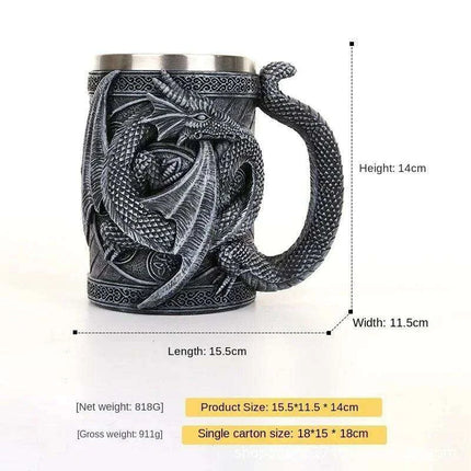 Dragon Resin Stainless Steel Beer Mug - Hand Painted Gothic Viking Skull Wine Goblet - Très Elite