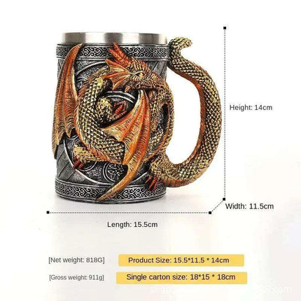Dragon Resin Stainless Steel Beer Mug - Hand Painted Gothic Viking Skull Wine Goblet - Très Elite