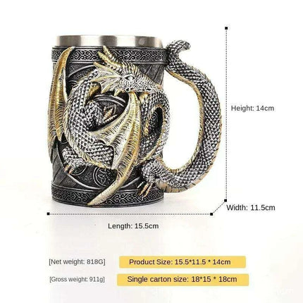 Dragon Resin Stainless Steel Beer Mug - Hand Painted Gothic Viking Skull Wine Goblet - Très Elite