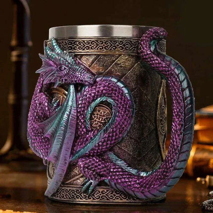 Dragon Resin Stainless Steel Beer Mug - Hand Painted Gothic Viking Skull Wine Goblet - Très Elite