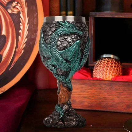 Dragon Resin Stainless Steel Beer Mug - Hand Painted Gothic Viking Skull Wine Goblet - Très Elite