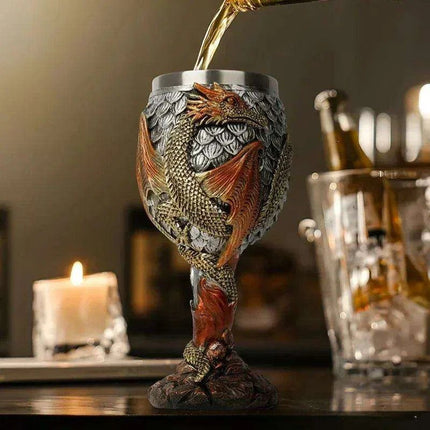 Dragon Resin Stainless Steel Beer Mug - Hand Painted Gothic Viking Skull Wine Goblet - Très Elite