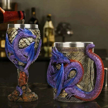 Dragon Resin Stainless Steel Beer Mug - Hand Painted Gothic Viking Skull Wine Goblet - Très Elite