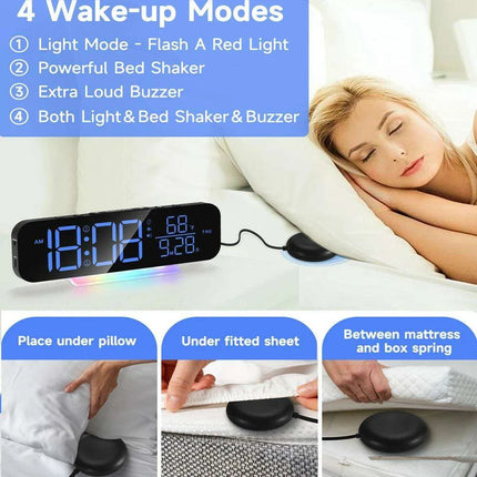 Dual Alarm Vibrating Clock with RGB LED Night Light and Bed Shaker - Loud Wake-Up Alarm - Très Elite