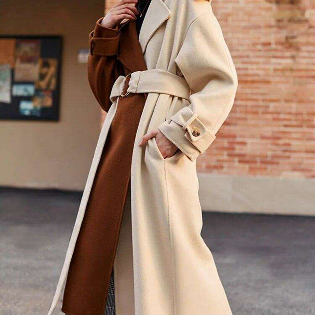Elegant Retro Patchwork Wool Overcoat with Stylish Lace-up Details for Trendsetting Women