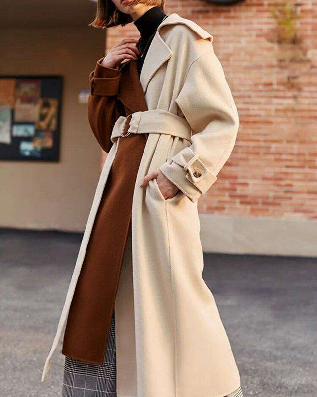 Elegant Retro Patchwork Wool Overcoat with Stylish Lace-up Details for Trendsetting Women