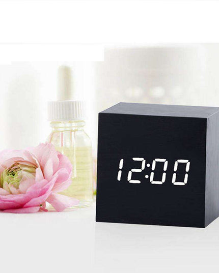 Sophisticated Voice-Activated LED Clock with Wood Grain Finish and Temperature Display