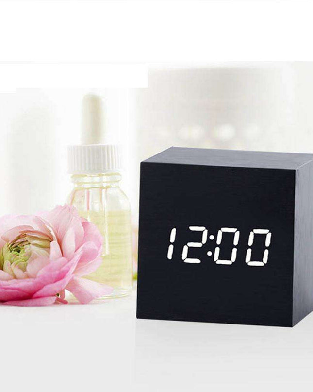 Sophisticated Voice-Activated LED Clock with Wood Grain Finish and Temperature Display
