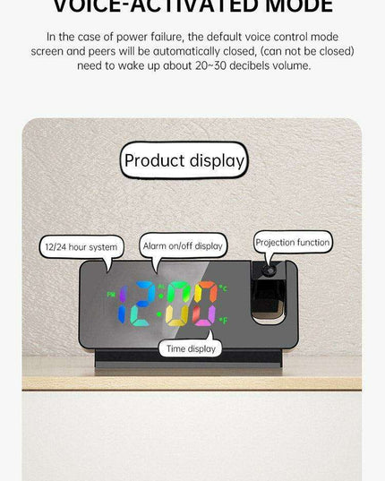 Silent Rotating LED Projection Alarm Clock with Digital Thermometer and Customizable Display