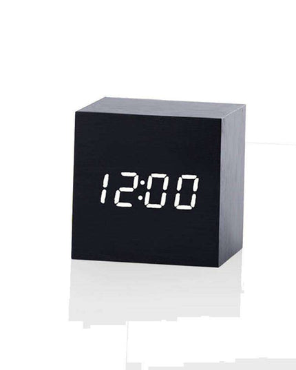 Sophisticated Voice-Activated LED Clock with Wood Grain Finish and Temperature Display
