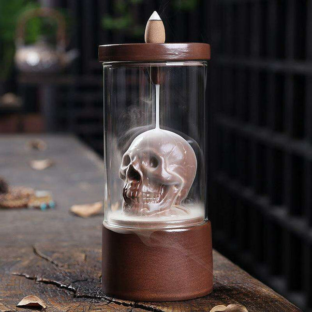 Enigmatic Skull Backflow Incense Holder with Vintage Glass Shield - Alluring Home Decor Piece